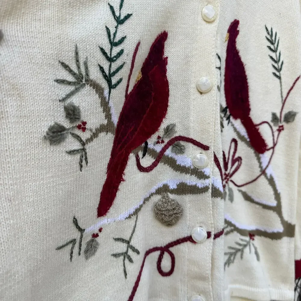 Vintage 90s JTWO Christmas Cardinals Winter Cardigan Sweater Red Collar LARGE